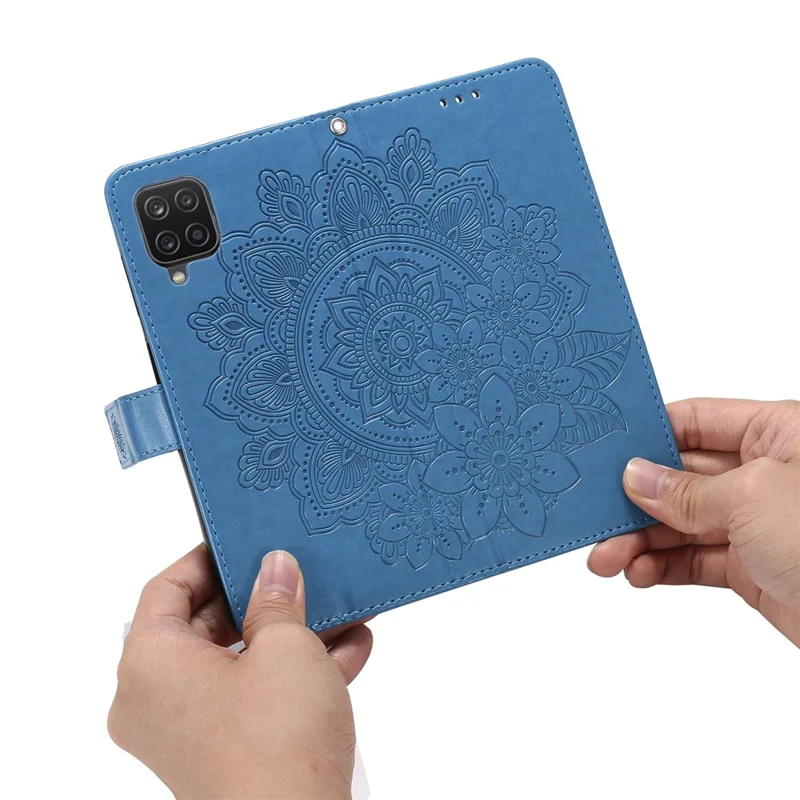 PU Leather Imprint Flowers Pattern Wallet Phone Case with Lanyard for Samsung Galaxy A12 / M12 / F12 - Blue