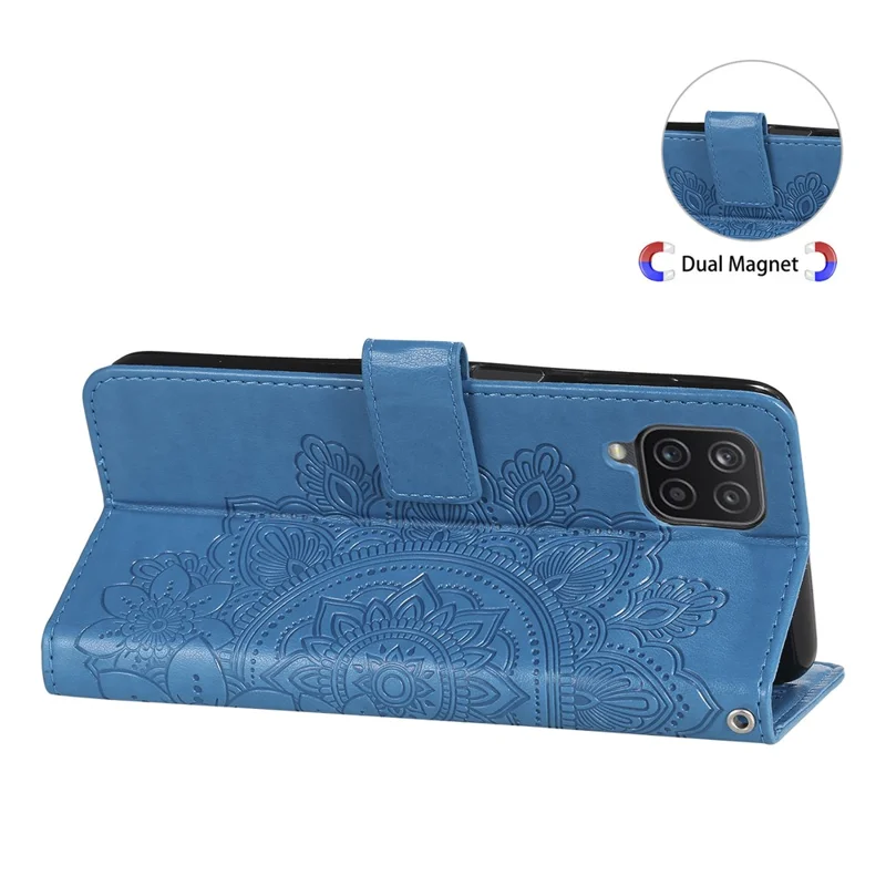 PU Leather Imprint Flowers Pattern Wallet Phone Case with Lanyard for Samsung Galaxy A12 / M12 / F12 - Blue
