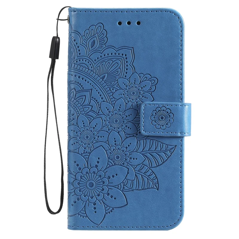 PU Leather Imprint Flowers Pattern Wallet Phone Case with Lanyard for Samsung Galaxy A12 / M12 / F12 - Blue