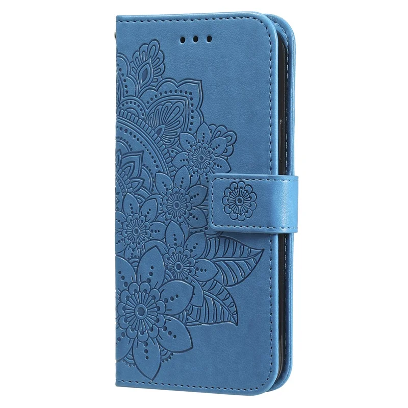 PU Leather Imprint Flowers Pattern Wallet Phone Case with Lanyard for Samsung Galaxy A12 / M12 / F12 - Blue