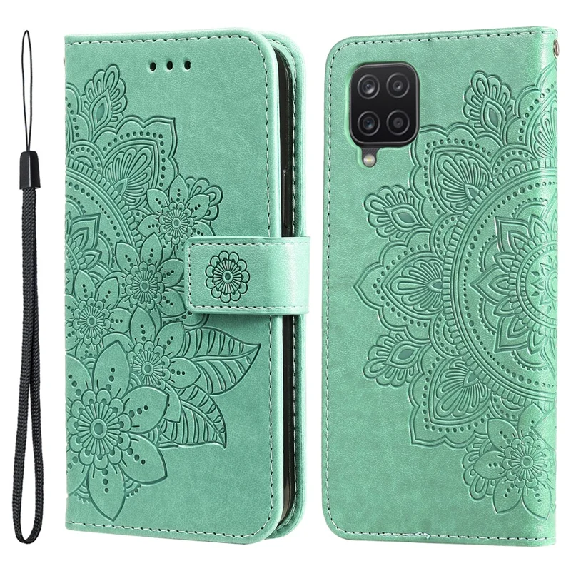PU Leather Imprint Flowers Pattern Wallet Phone Case with Lanyard for Samsung Galaxy A12 / M12 / F12 - Green