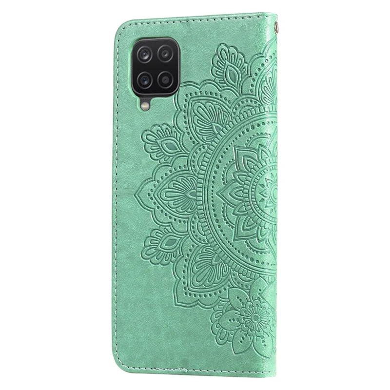 PU Leather Imprint Flowers Pattern Wallet Phone Case with Lanyard for Samsung Galaxy A12 / M12 / F12 - Green