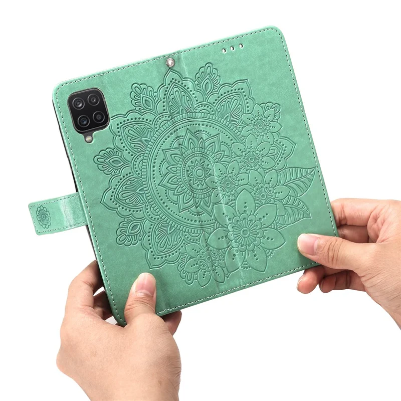 PU Leather Imprint Flowers Pattern Wallet Phone Case with Lanyard for Samsung Galaxy A12 / M12 / F12 - Green