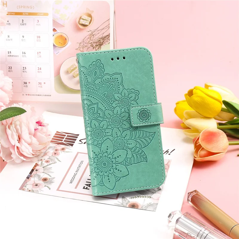 PU Leather Imprint Flowers Pattern Wallet Phone Case with Lanyard for Samsung Galaxy A12 / M12 / F12 - Green