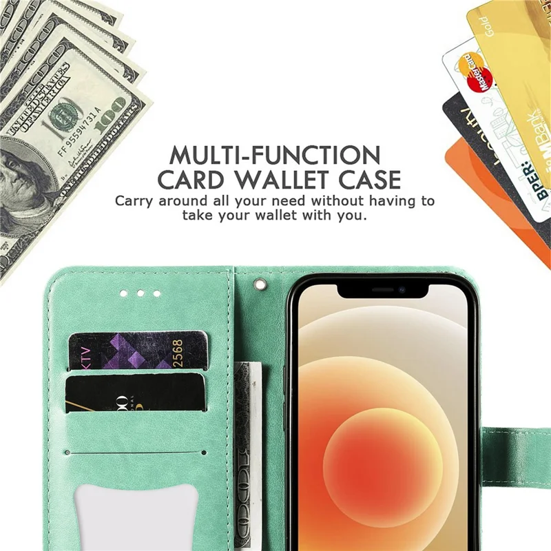 PU Leather Imprint Flowers Pattern Wallet Phone Case with Lanyard for Samsung Galaxy A12 / M12 / F12 - Green
