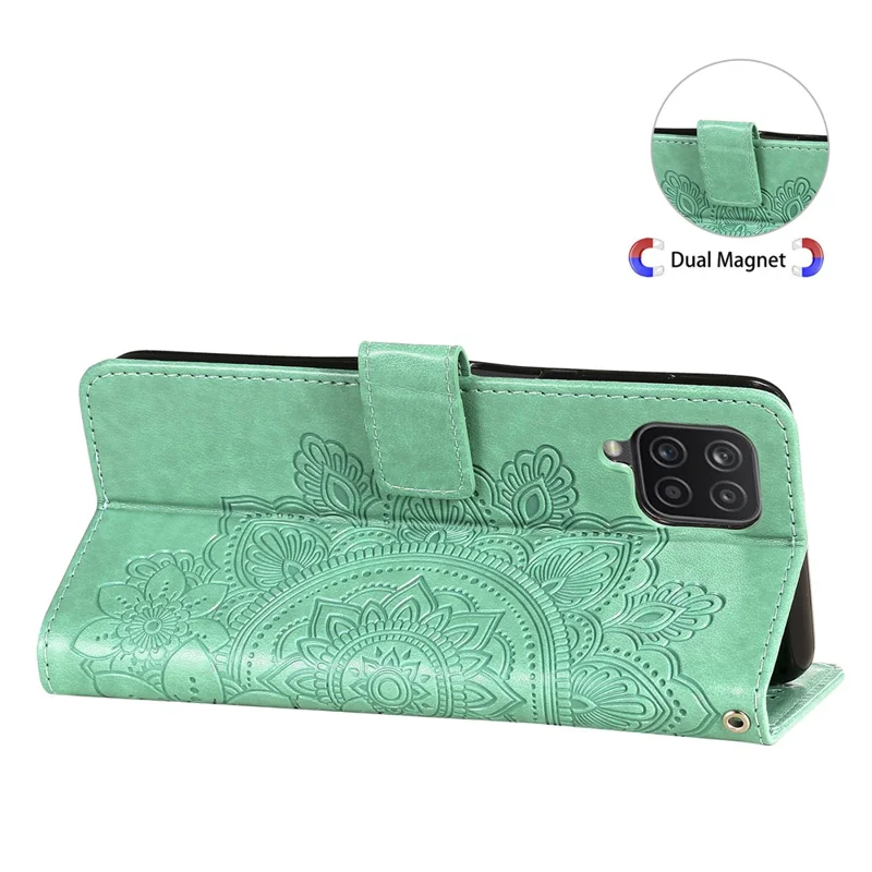 PU Leather Imprint Flowers Pattern Wallet Phone Case with Lanyard for Samsung Galaxy A12 / M12 / F12 - Green