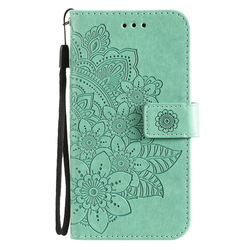 PU Leather Imprint Flowers Pattern Wallet Phone Case with Lanyard for Samsung Galaxy A12 / M12 / F12 - Green