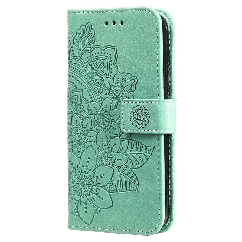 PU Leather Imprint Flowers Pattern Wallet Phone Case with Lanyard for Samsung Galaxy A12 / M12 / F12 - Green