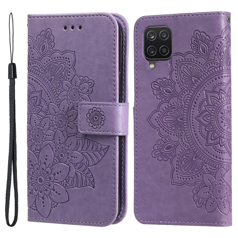 PU Leather Imprint Flowers Pattern Wallet Phone Case with Lanyard for Samsung Galaxy A12 / M12 / F12 - Purple