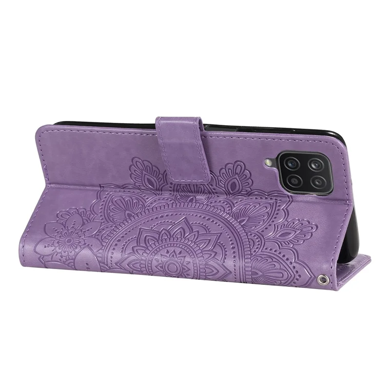 PU Leather Imprint Flowers Pattern Wallet Phone Case with Lanyard for Samsung Galaxy A12 / M12 / F12 - Purple