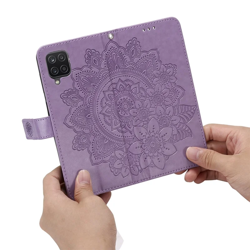 PU Leather Imprint Flowers Pattern Wallet Phone Case with Lanyard for Samsung Galaxy A12 / M12 / F12 - Purple