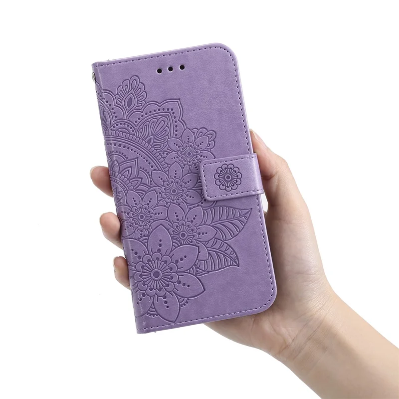 PU Leather Imprint Flowers Pattern Wallet Phone Case with Lanyard for Samsung Galaxy A12 / M12 / F12 - Purple