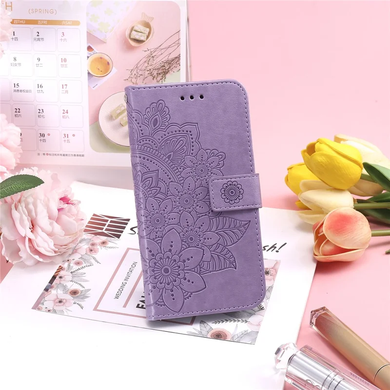 PU Leather Imprint Flowers Pattern Wallet Phone Case with Lanyard for Samsung Galaxy A12 / M12 / F12 - Purple