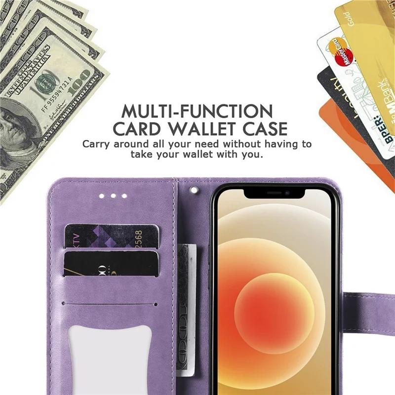 PU Leather Imprint Flowers Pattern Wallet Phone Case with Lanyard for Samsung Galaxy A12 / M12 / F12 - Purple