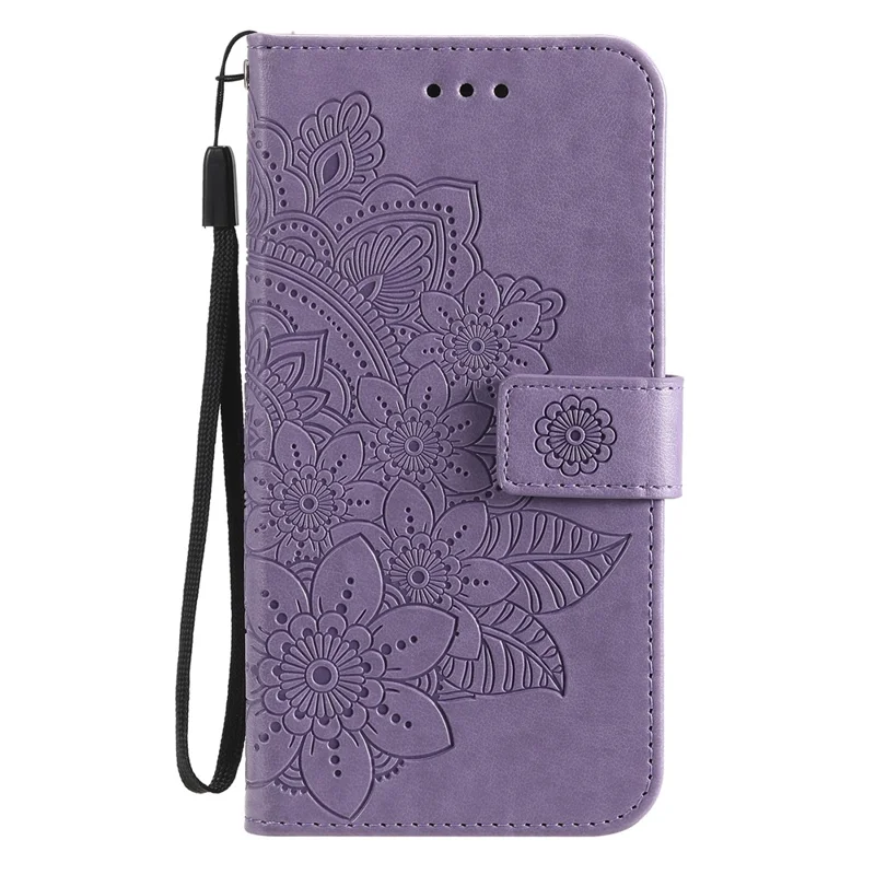 PU Leather Imprint Flowers Pattern Wallet Phone Case with Lanyard for Samsung Galaxy A12 / M12 / F12 - Purple