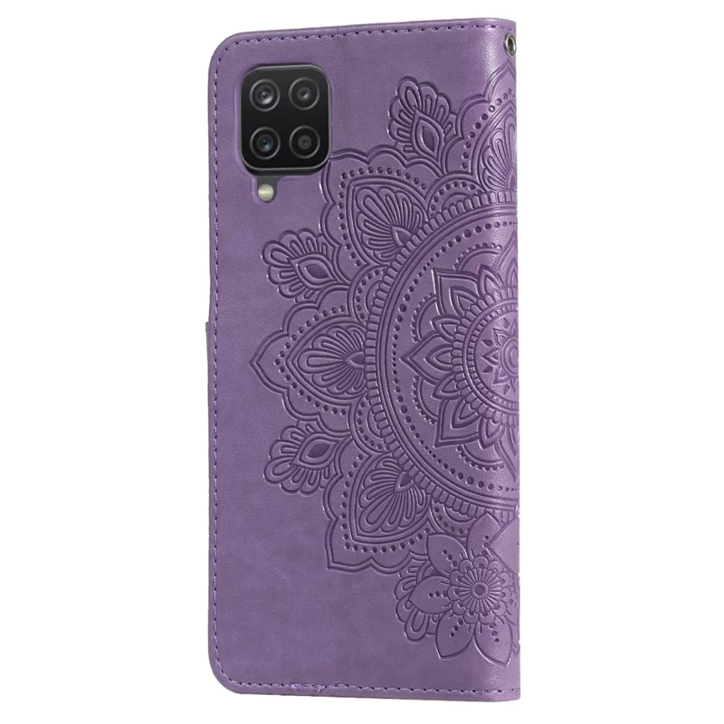 PU Leather Imprint Flowers Pattern Wallet Phone Case with Lanyard for Samsung Galaxy A12 / M12 / F12 - Purple