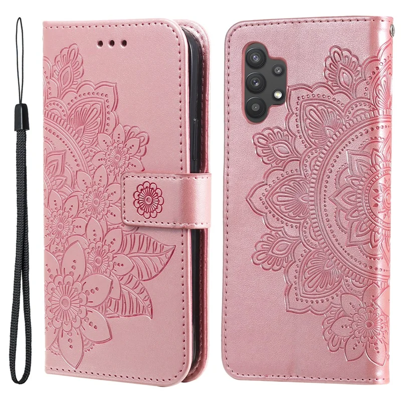 PU Leather Imprint Flowers Pattern Wallet Phone Case with Lanyard for Samsung Galaxy A32 4G (EU Version) - Rose Gold