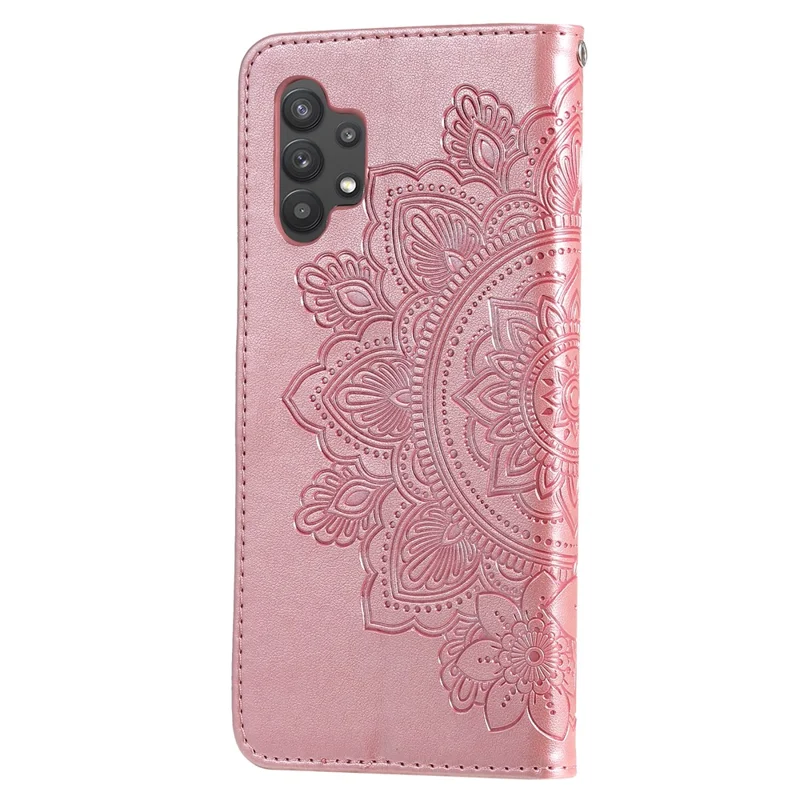 PU Leather Imprint Flowers Pattern Wallet Phone Case with Lanyard for Samsung Galaxy A32 4G (EU Version) - Rose Gold
