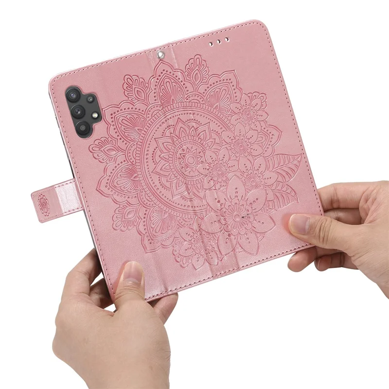 PU Leather Imprint Flowers Pattern Wallet Phone Case with Lanyard for Samsung Galaxy A32 4G (EU Version) - Rose Gold