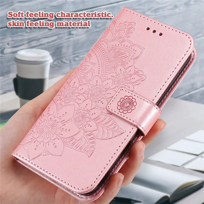 PU Leather Imprint Flowers Pattern Wallet Phone Case with Lanyard for Samsung Galaxy A32 4G (EU Version) - Rose Gold