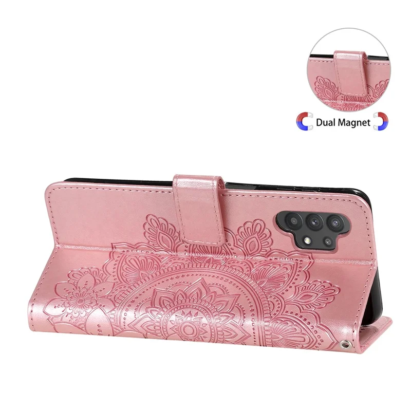 PU Leather Imprint Flowers Pattern Wallet Phone Case with Lanyard for Samsung Galaxy A32 4G (EU Version) - Rose Gold