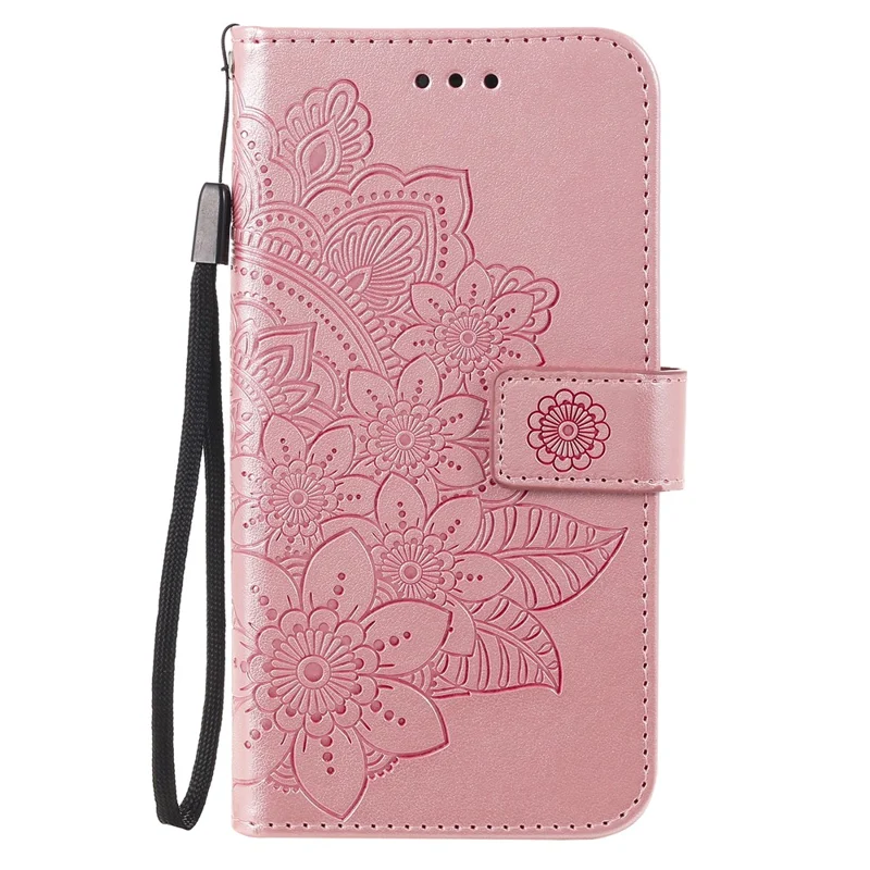 PU Leather Imprint Flowers Pattern Wallet Phone Case with Lanyard for Samsung Galaxy A32 4G (EU Version) - Rose Gold