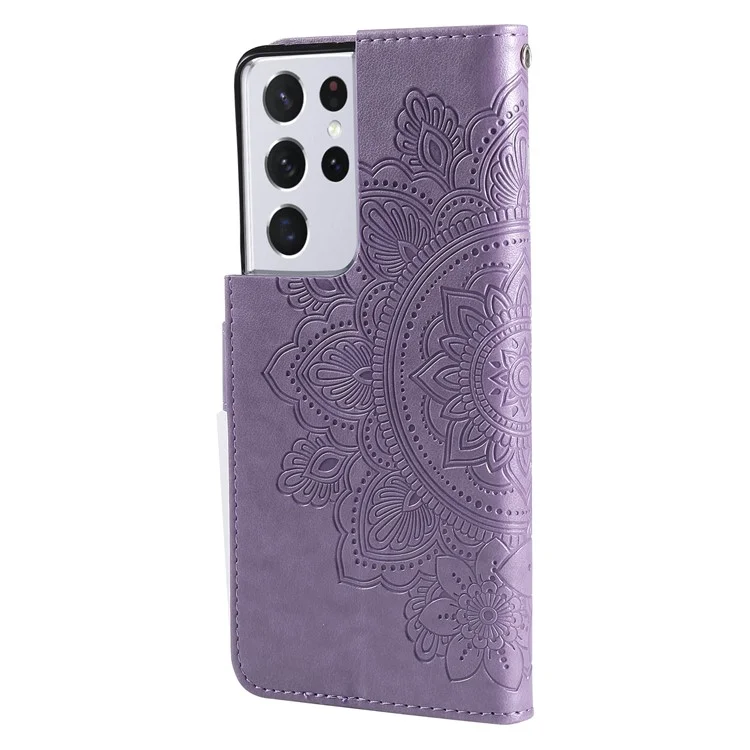 Case de Teléfono de Billetera de Cuero PU [patrón de Flores de Imprenta] Con Cordón Para Samsung Galaxy S21 Ultra 5G - Violeta