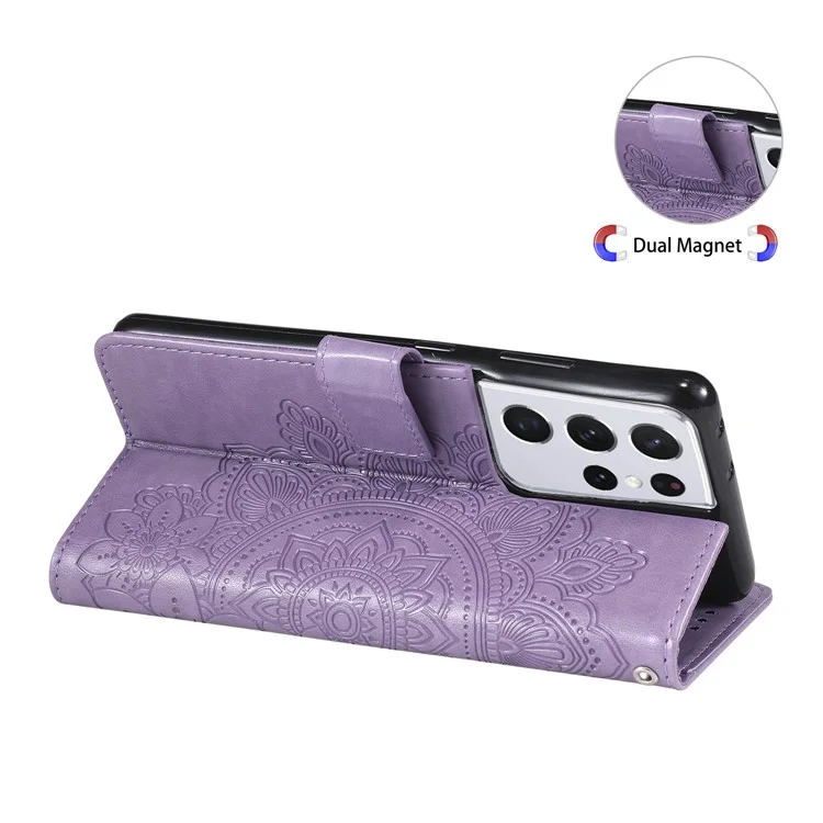 Case de Teléfono de Billetera de Cuero PU [patrón de Flores de Imprenta] Con Cordón Para Samsung Galaxy S21 Ultra 5G - Violeta