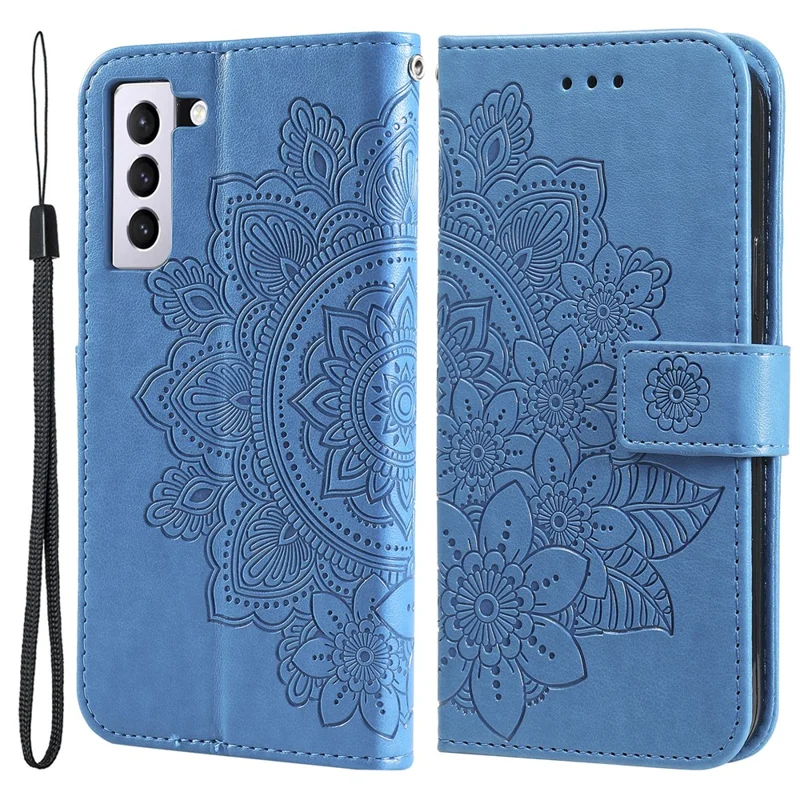 PU Leather Imprint Flowers Pattern Wallet Phone Case with Lanyard for Samsung Galaxy S21 FE - Blue