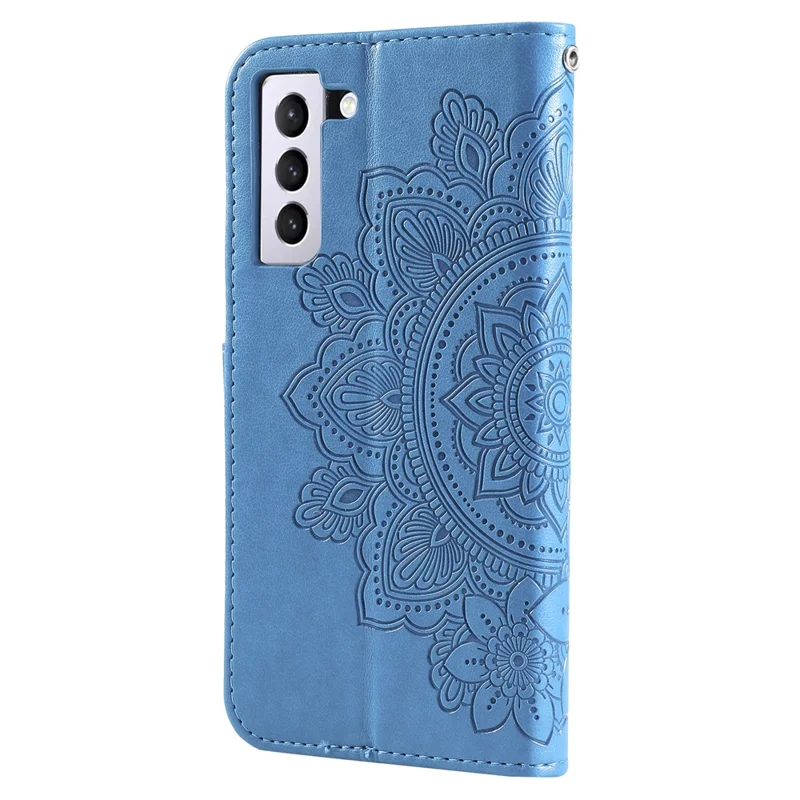 PU Leather Imprint Flowers Pattern Wallet Phone Case with Lanyard for Samsung Galaxy S21 FE - Blue
