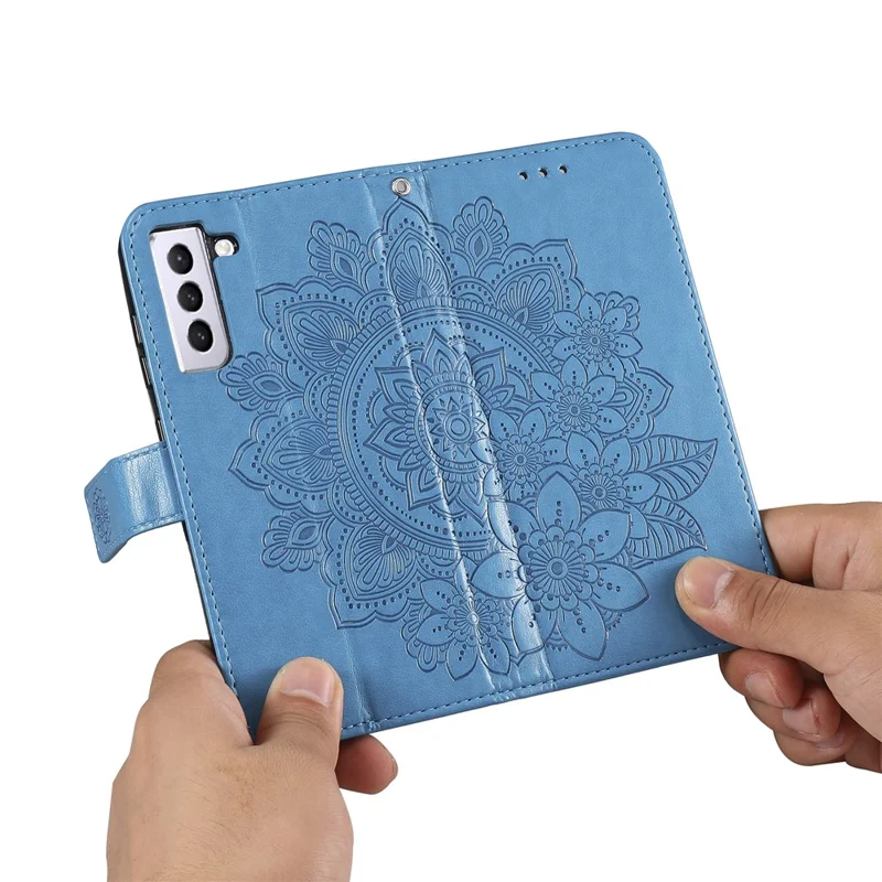 PU Leather Imprint Flowers Pattern Wallet Phone Case with Lanyard for Samsung Galaxy S21 FE - Blue