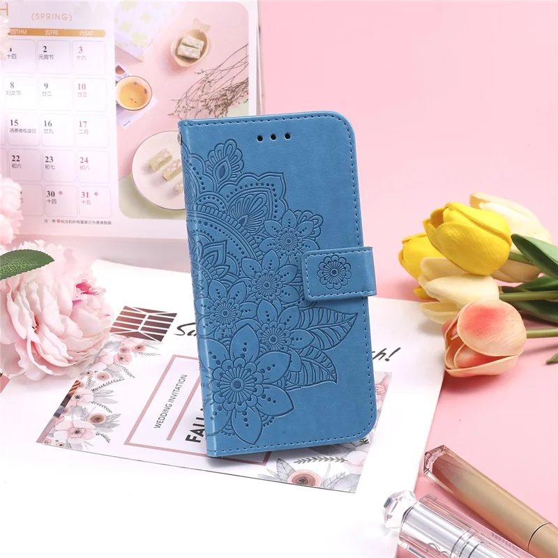 PU Leather Imprint Flowers Pattern Wallet Phone Case with Lanyard for Samsung Galaxy S21 FE - Blue