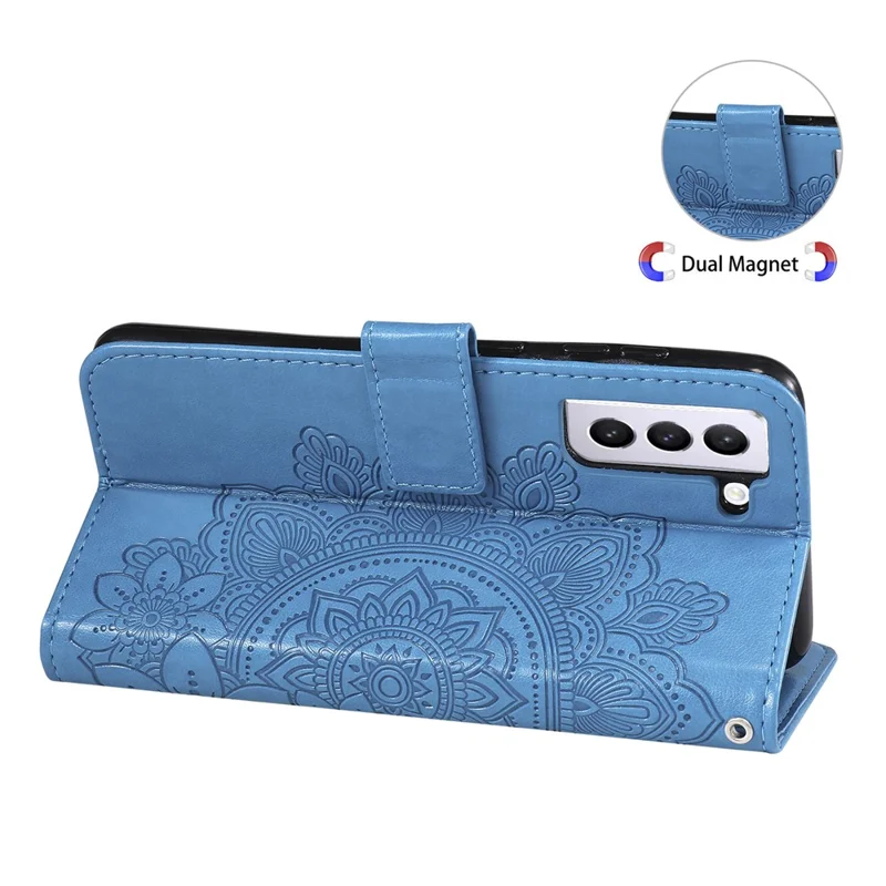 PU Leather Imprint Flowers Pattern Wallet Phone Case with Lanyard for Samsung Galaxy S21 FE - Blue