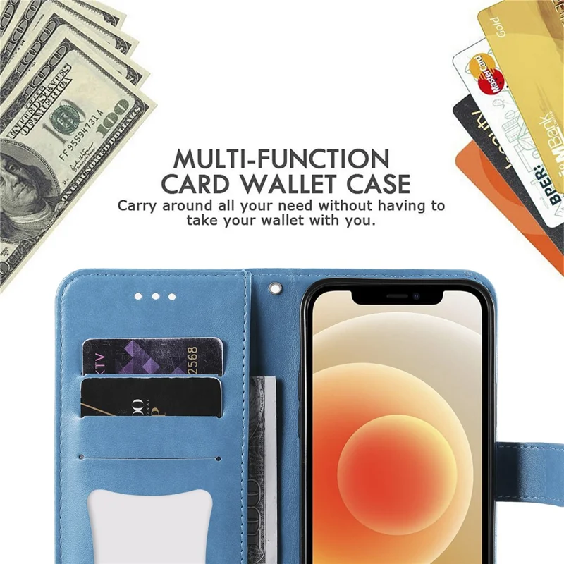 PU Leather Imprint Flowers Pattern Wallet Phone Case with Lanyard for Samsung Galaxy S21 FE - Blue