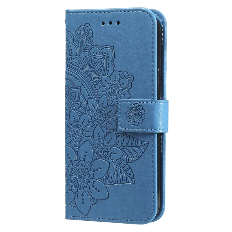 PU Leather Imprint Flowers Pattern Wallet Phone Case with Lanyard for Samsung Galaxy S21 FE - Blue