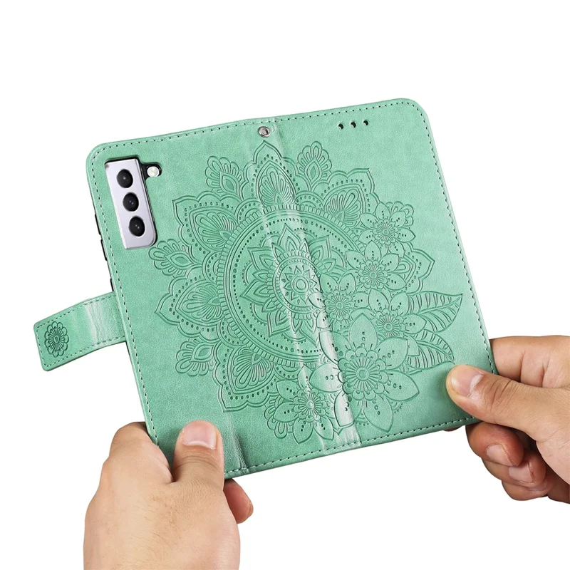 PU-læder med trykt blomstermønster, tegnebægsformet telefonbeskytning med snor til Samsung Galaxy S21 FE - Grøn