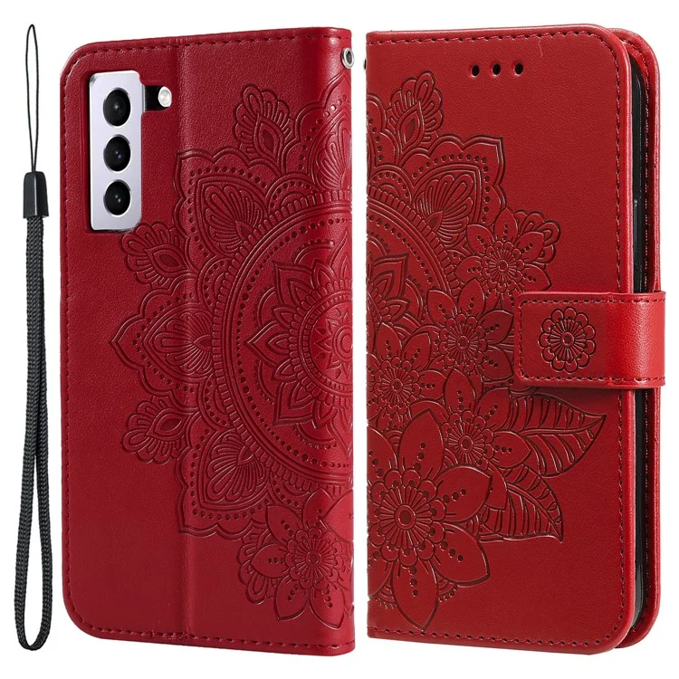 PU Impronta in Pelle Flowers Pattern Whaget Case Del Telefono Con Cordino Per Samsung Galaxy S21 FE - Rosso