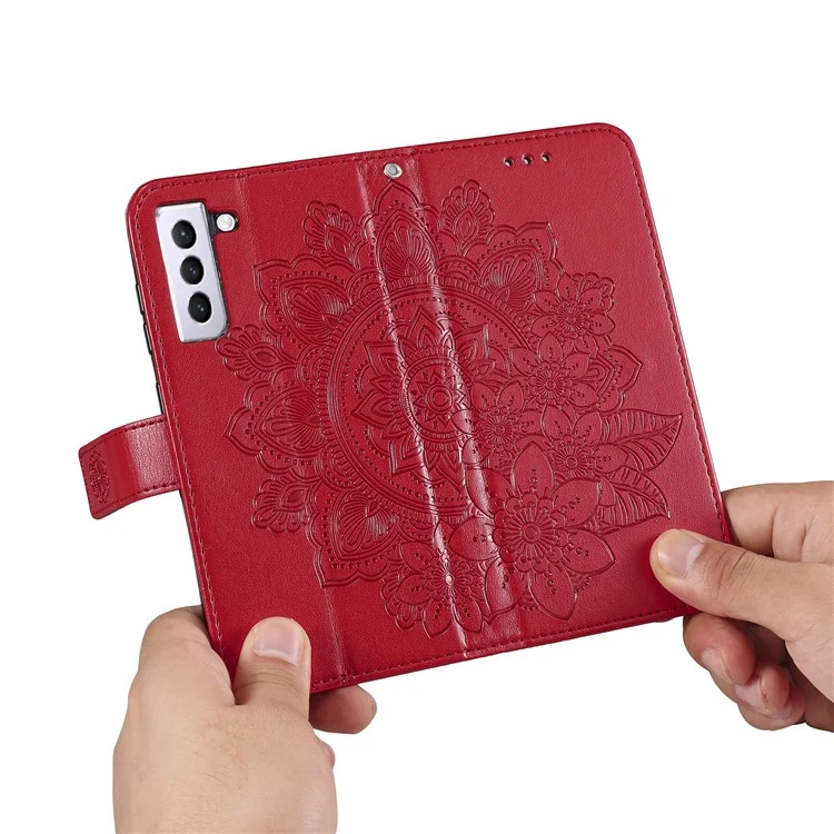 PU Impronta in Pelle Flowers Pattern Whaget Case Del Telefono Con Cordino Per Samsung Galaxy S21 FE - Rosso