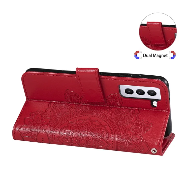 PU Impronta in Pelle Flowers Pattern Whaget Case Del Telefono Con Cordino Per Samsung Galaxy S21 FE - Rosso