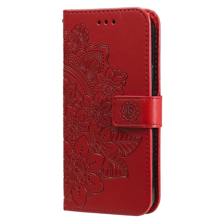 PU Impronta in Pelle Flowers Pattern Whaget Case Del Telefono Con Cordino Per Samsung Galaxy S21 FE - Rosso