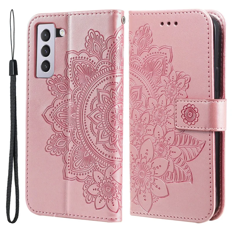 PU Leather Imprint Flowers Pattern Wallet Phone Case with Lanyard for Samsung Galaxy S21 FE - Rose Gold