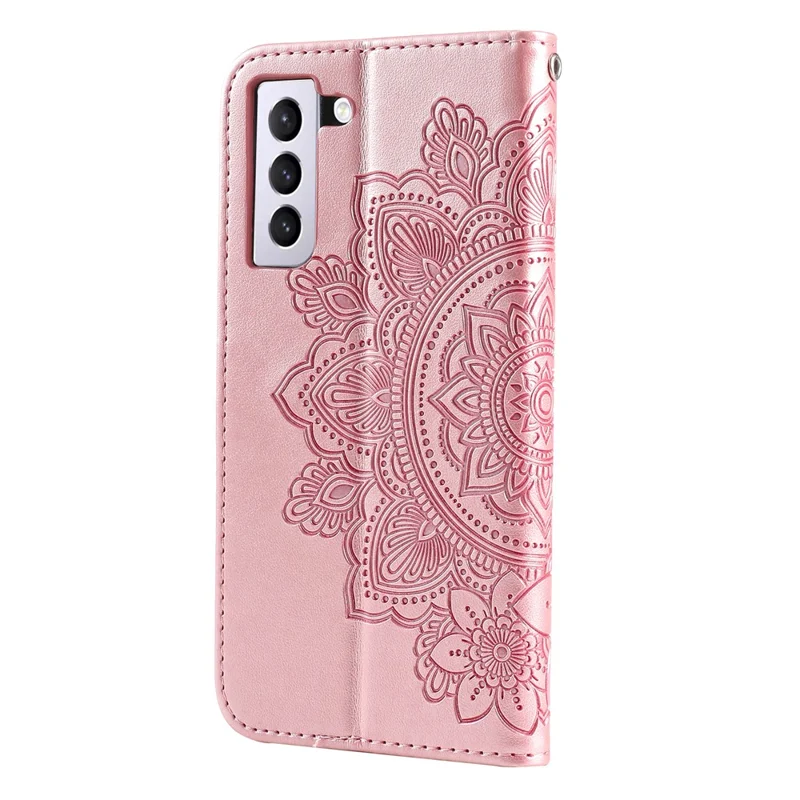 PU Leather Imprint Flowers Pattern Wallet Phone Case with Lanyard for Samsung Galaxy S21 FE - Rose Gold