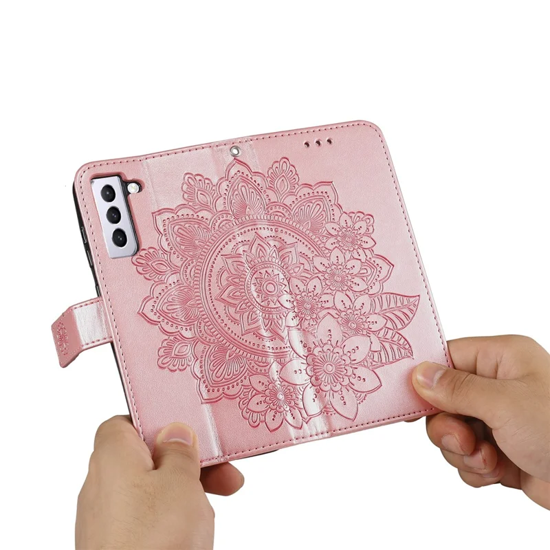 PU Leather Imprint Flowers Pattern Wallet Phone Case with Lanyard for Samsung Galaxy S21 FE - Rose Gold