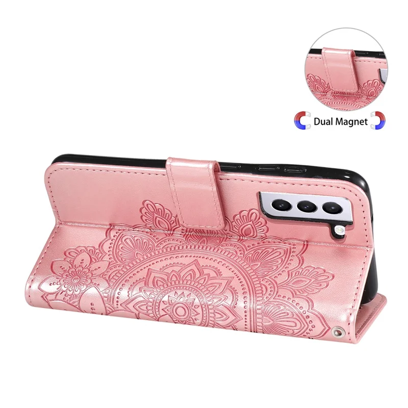 PU Leather Imprint Flowers Pattern Wallet Phone Case with Lanyard for Samsung Galaxy S21 FE - Rose Gold