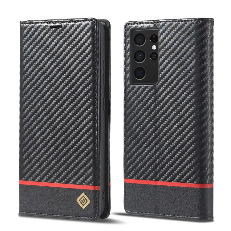 LC.IMEEKE Kohlefaser-Textur Magnetische Horizontale Flip PU-Leder Standhülle für Samsung Galaxy S21 Ultra 5G - Rote Horizontale Linie