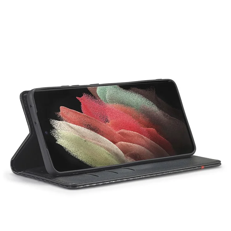 LC.IMEEKE Kohlefaser-Textur Magnetische Horizontale Flip PU-Leder Standhülle für Samsung Galaxy S21 Ultra 5G - Rote Horizontale Linie