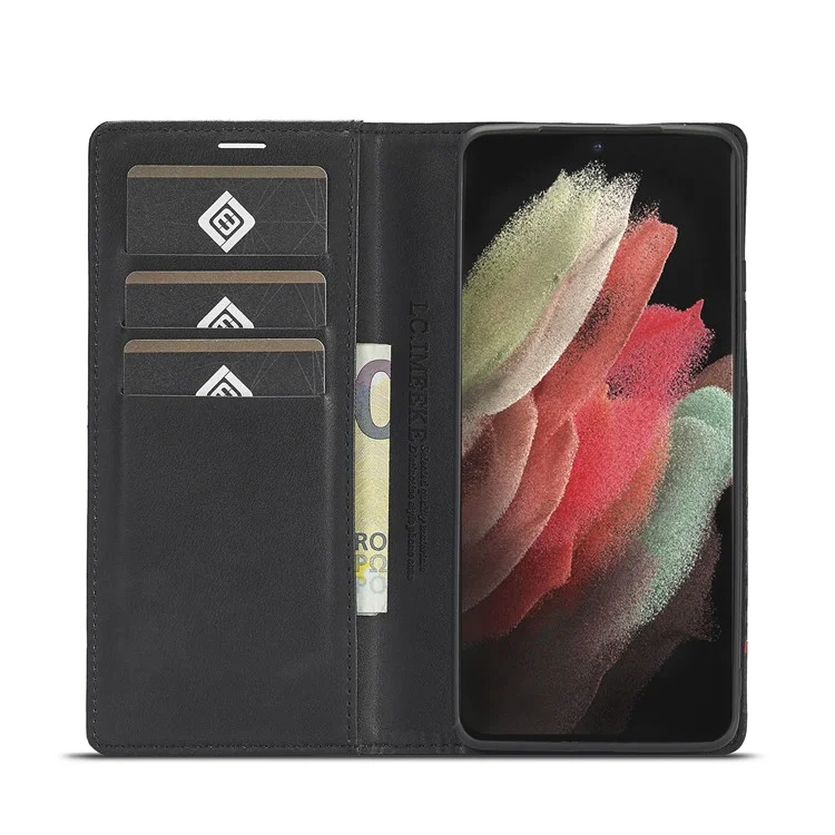 LC.IMEEKE Kohlefaser-Textur Magnetische Horizontale Flip PU-Leder Standhülle für Samsung Galaxy S21 Ultra 5G - Rote Horizontale Linie