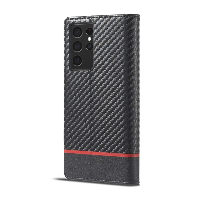 LC.IMEEKE Kohlefaser-Textur Magnetische Horizontale Flip PU-Leder Standhülle für Samsung Galaxy S21 Ultra 5G - Rote Horizontale Linie