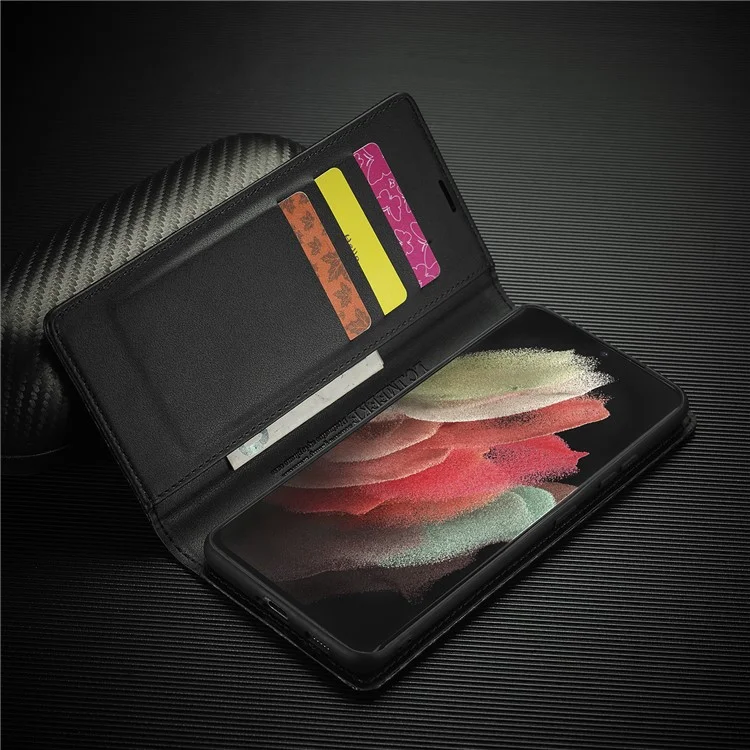 LC.IMEEKE Kohlefaser-Textur Magnetische Horizontale Flip PU-Leder Standhülle für Samsung Galaxy S21 Ultra 5G - Rote Horizontale Linie