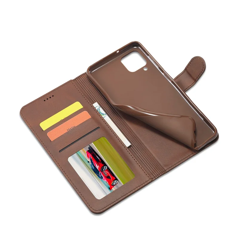 LC.IMEEKE Wallet Design Leather Phone Stand Case Protector for Samsung Galaxy A22 4G (EU Version) - Coffee